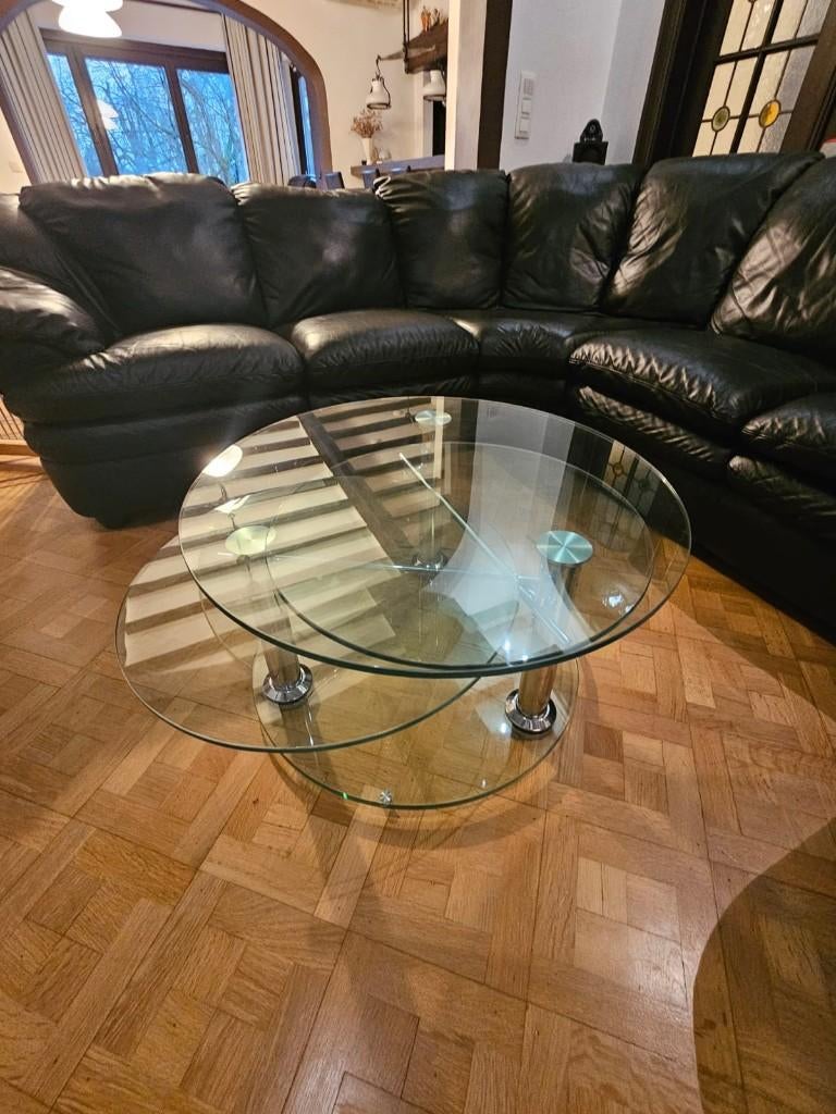 Black Leather Corner Sofa (+ glass table), Enlèvement, Comme neuf, Leather sofa