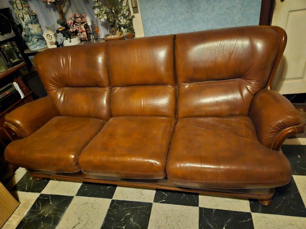 Bruine Lederen salon 3 zit en 2 × 1 zit, Huis en Inrichting, Zetels | Zetels, Ophalen