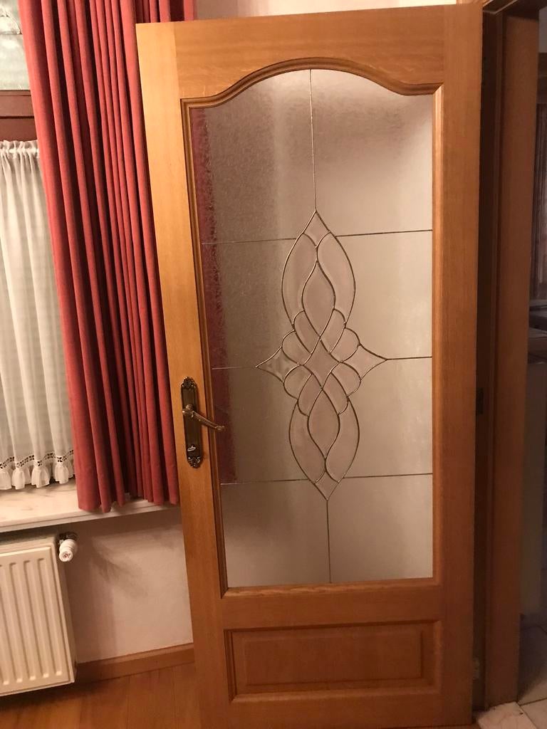 Massief eiken binnendeur met ambachtelijk geslepen loodglas, Porte intérieure, Enlèvement, Bois, 200 à 215 cm