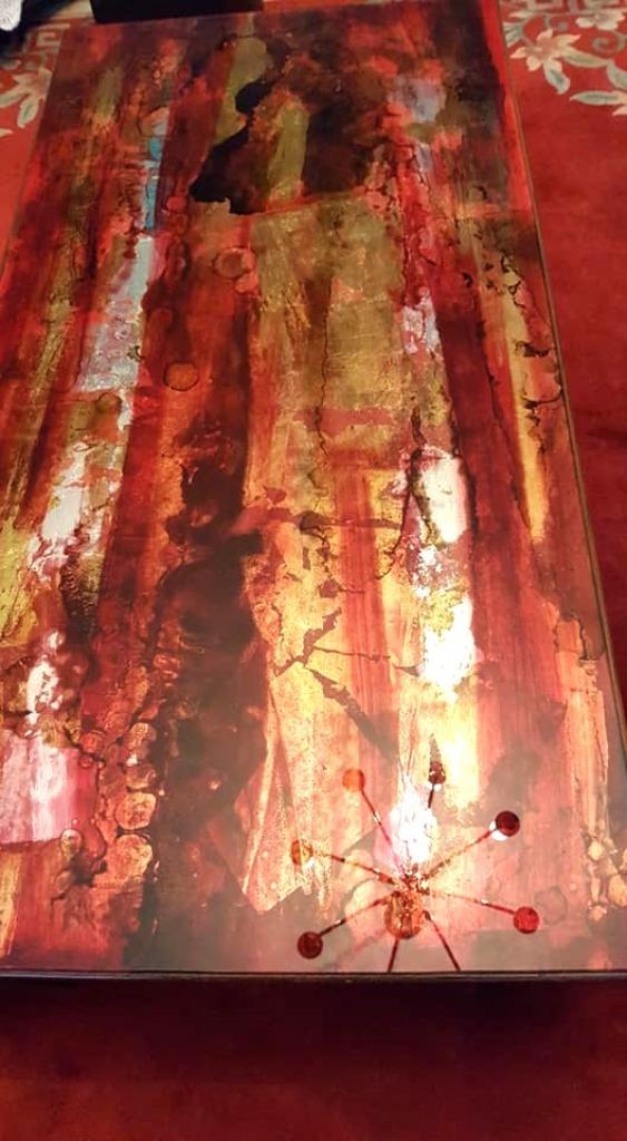 design salontafel églomisé Lucas Meersman (Temse 1938), Ophalen, Glas, 100 tot 150 cm, 50 tot 100 cm