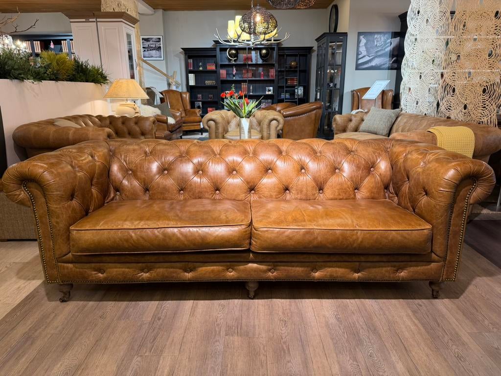 stoere industriële chesterfield 3 zits zetel Vintage Cognac, Ophalen of Verzenden