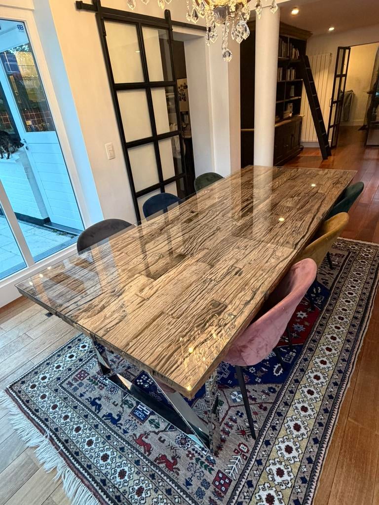 Table  bois massif brut + verre + 6 chaises – haut de gamme, -, _, Comme neuf, 100 à 150 cm