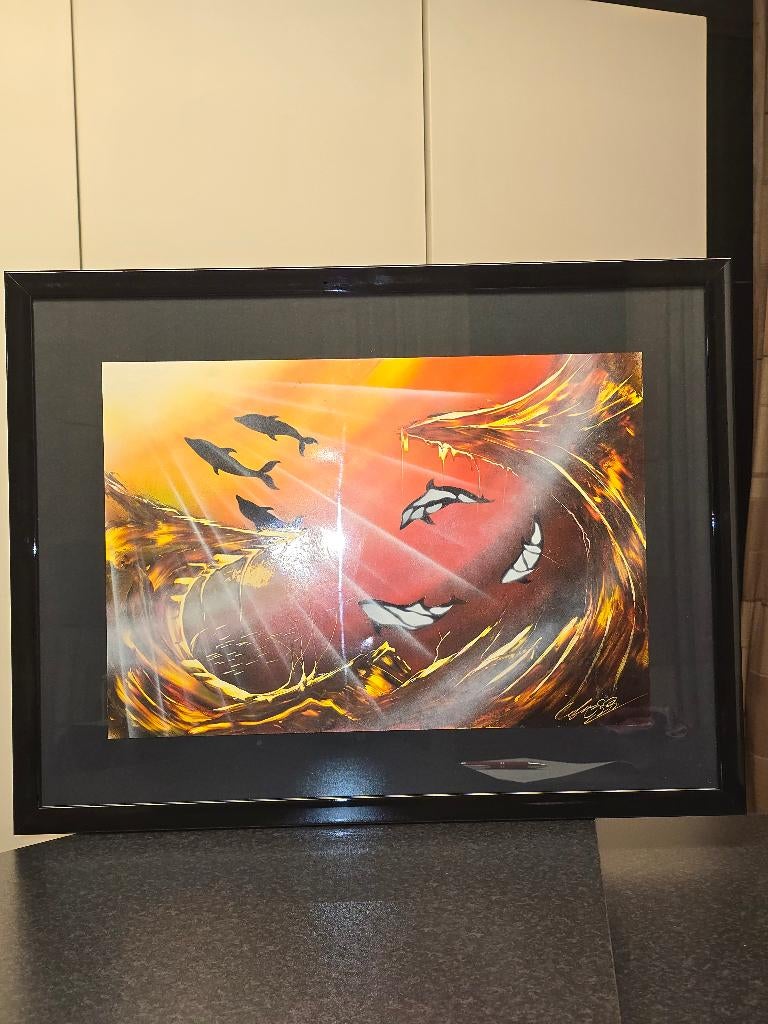 Poster - dolfijnen, Verzamelen, Ophalen, Zo goed als nieuw, Met lijst