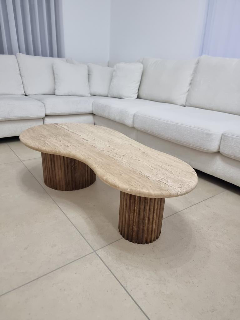 Table basse MARLON bois de manguier avec travertin beige, Ophalen of Verzenden, Nieuw