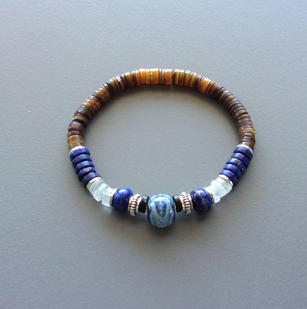 Surferarmband man of vrouw in keramiek, lapis en parelmoer, Met bedels of kralen, Blauw, Nieuw, Ophalen of Verzenden