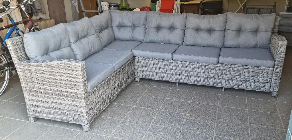 Grijze wicker hoeklounge + verstelbare stoel + voetenbankje, Ophalen, 5 zitplaatsen, Zo goed als nieuw, Loungeset
