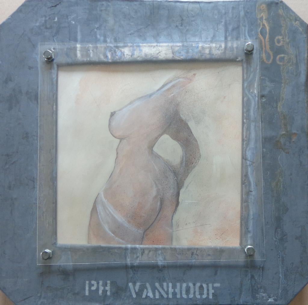 PHILIPPE VANHOOF / VROUWENTORSO / ORIGINEEL / 47x46cm KADER, Antiquités & Art, Enlèvement ou Envoi
