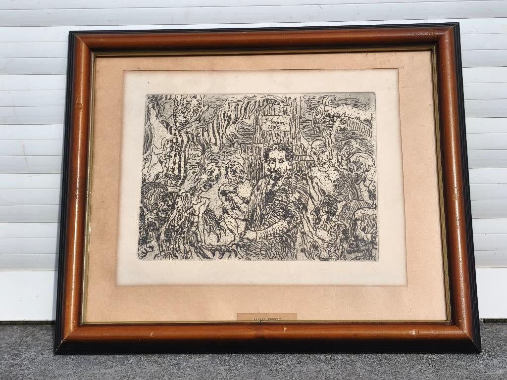Gravure signe James ensor, Antiquités & Art, Art | Eaux-fortes & Gravures, Enlèvement ou Envoi