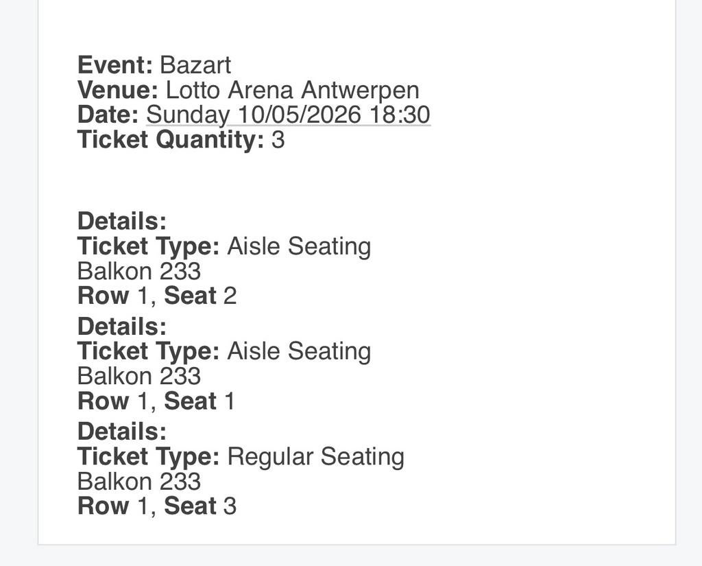 3 tickets bazart zondag 10 mei 18u30, Mei