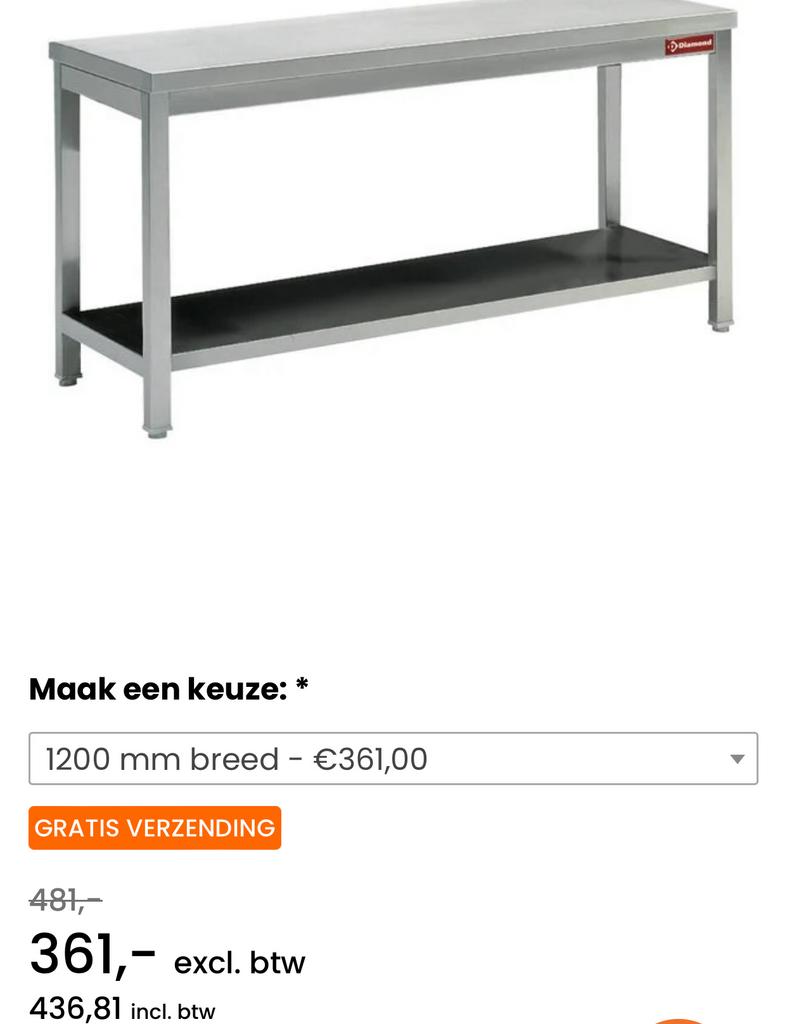 Diamond werktafel inox met bodemschap 1200x700x900, Ophalen, Nieuw zonder verpakking, Meubilair