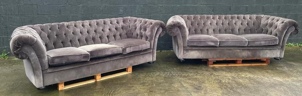 2 X 3 places canapé salon chesterfield en velours tissus gri, Ophalen of Verzenden, Stof