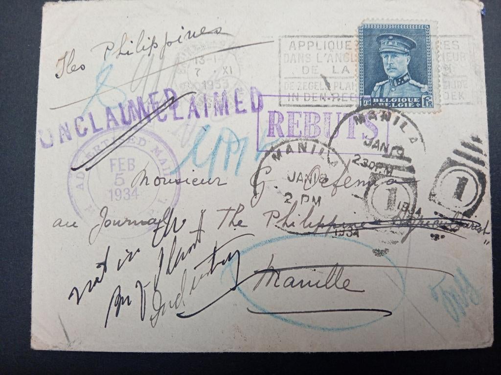 België Brief Koning Albert I naar de Philippines, Ophalen of Verzenden, Brief