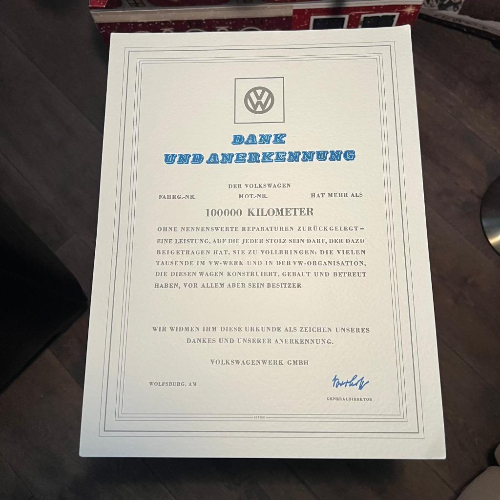 Certificat VW Kever NOS 100 000 km Urkunde Oval, Envoi, Comme neuf
