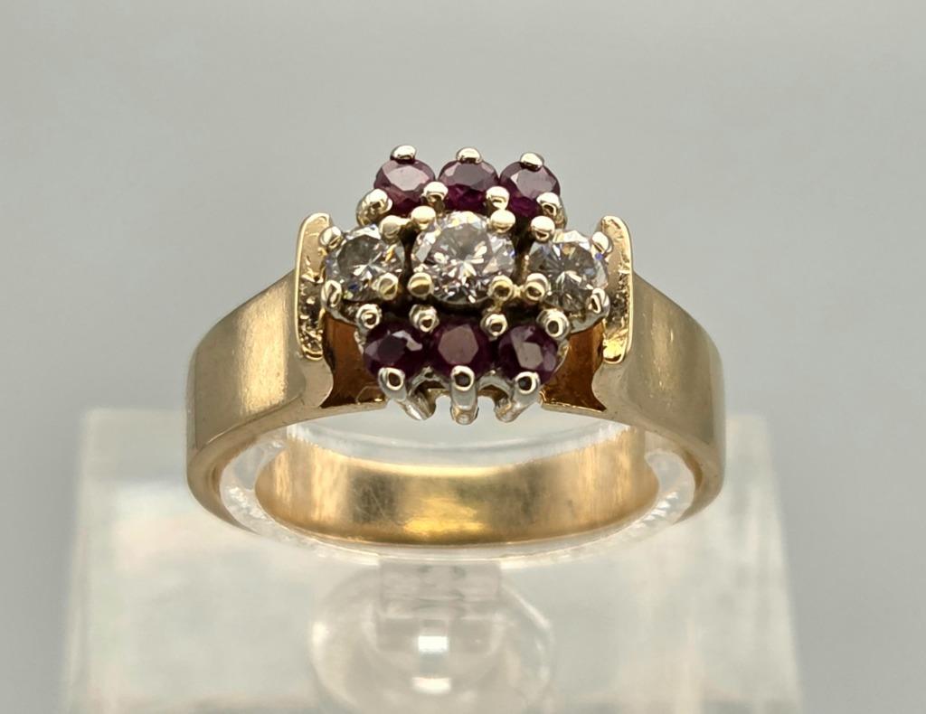Gouden antieke ring met edelsteen robijn en diamant.2025/630, Handtassen en Accessoires, Antieke sieraden, Verzenden, Goud, Ring