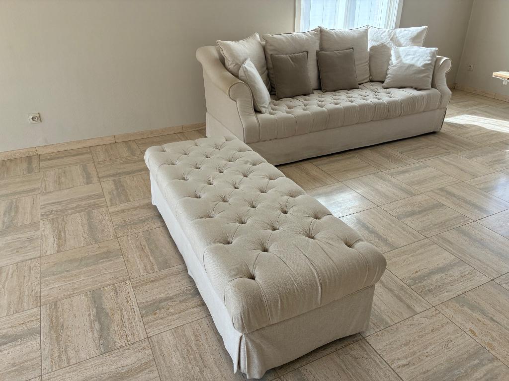 Zetel en poef landelijke stijl, Huis en Inrichting, Ophalen, Gebruikt, Driepersoons, 75 tot 100 cm