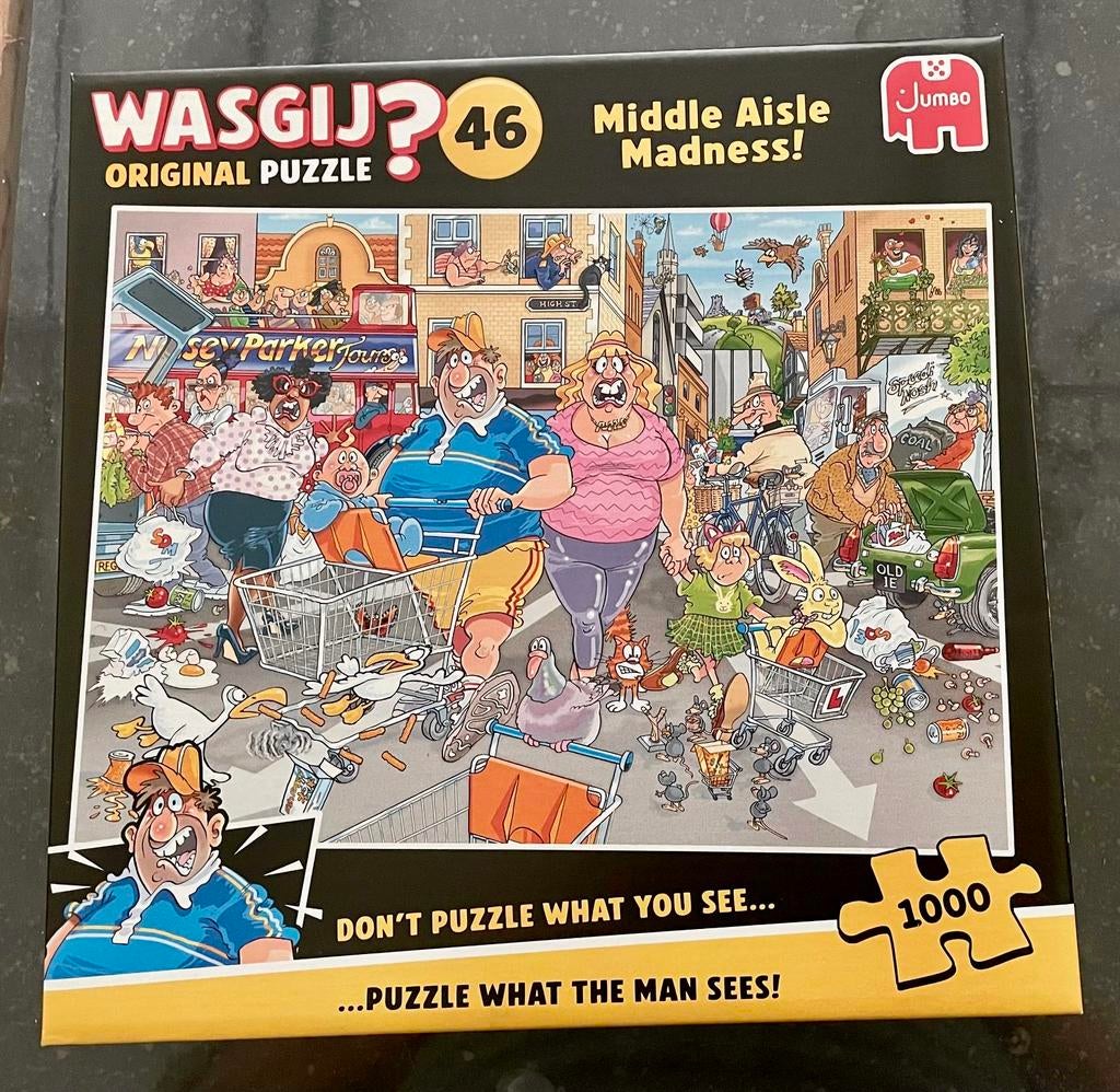 Wasgij Original Puzzel 46 Middle Aisle Madness 1000 stuks, Ophalen of Verzenden, 500 t/m 1500 stukjes, Zo goed als nieuw, Legpuzzel