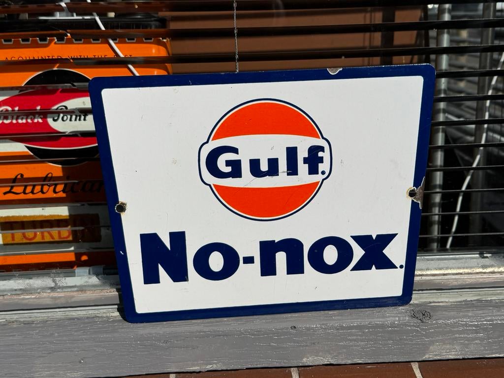 Ancien panneau d'affichage original en émail Gulf, Collections, Enlèvement ou Envoi, Utilisé, Panneau publicitaire