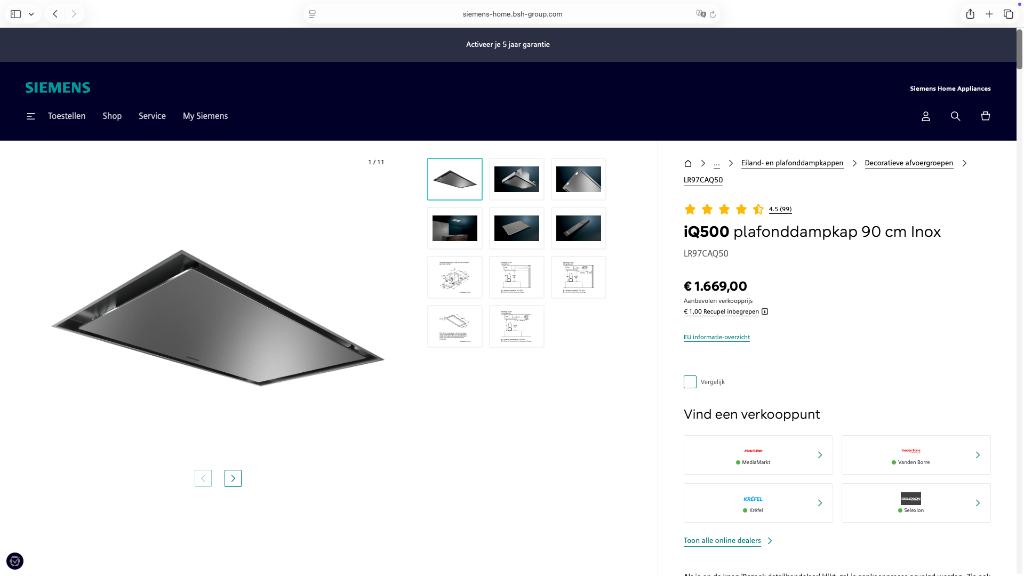 IQ500 plafonddampkap 90 cm Inox, Elektronische apparatuur, Afzuigkappen, Onderbouw afzuigkap, Nieuw, Ophalen of Verzenden, Inbouw