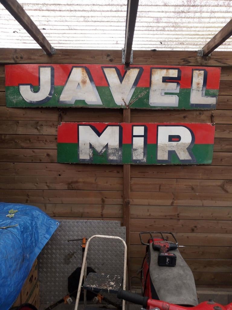 Zeer Groot oud emaille reclamebord Javel Mir, Ophalen, Gebruikt, Reclamebord