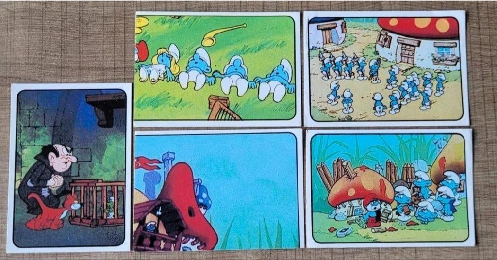 De Smurfen: 5 Panini stickers (1982), Verzamelen, Ophalen of Verzenden, Smurfen, Zo goed als nieuw, Plaatje, Poster of Sticker