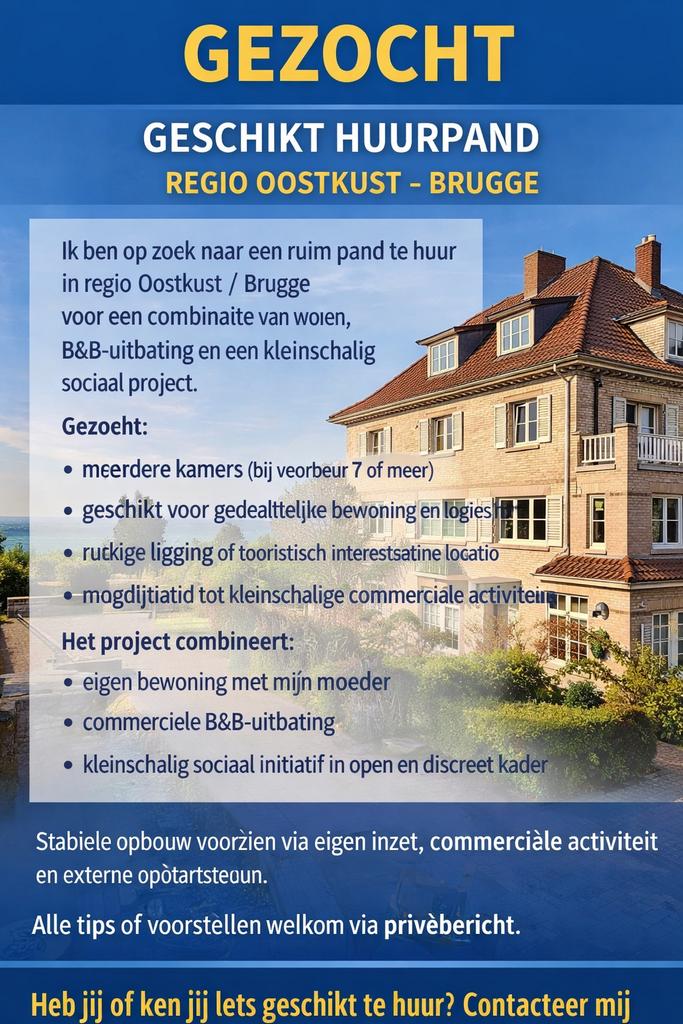 Ruim huurpand gezocht kust Brugge voor wonen en project