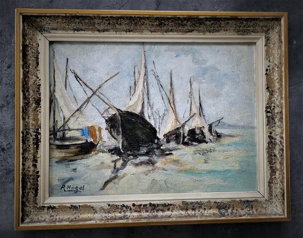 Tableau "Bateaux de pêche sur le sable" d'Hügel, Antiquités & Art, Art | Peinture | Classique, Envoi