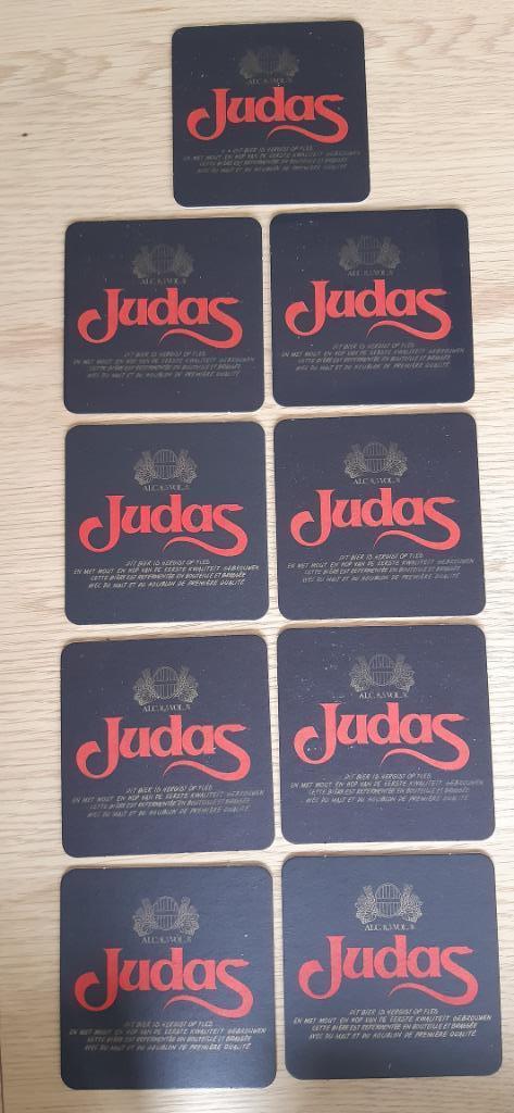 bierviltje 9x bierkaartje Judas , vierkant 10x10cm, Collections, Marques de bière, Comme neuf, Sous-bock, Autres marques, Enlèvement ou Envoi