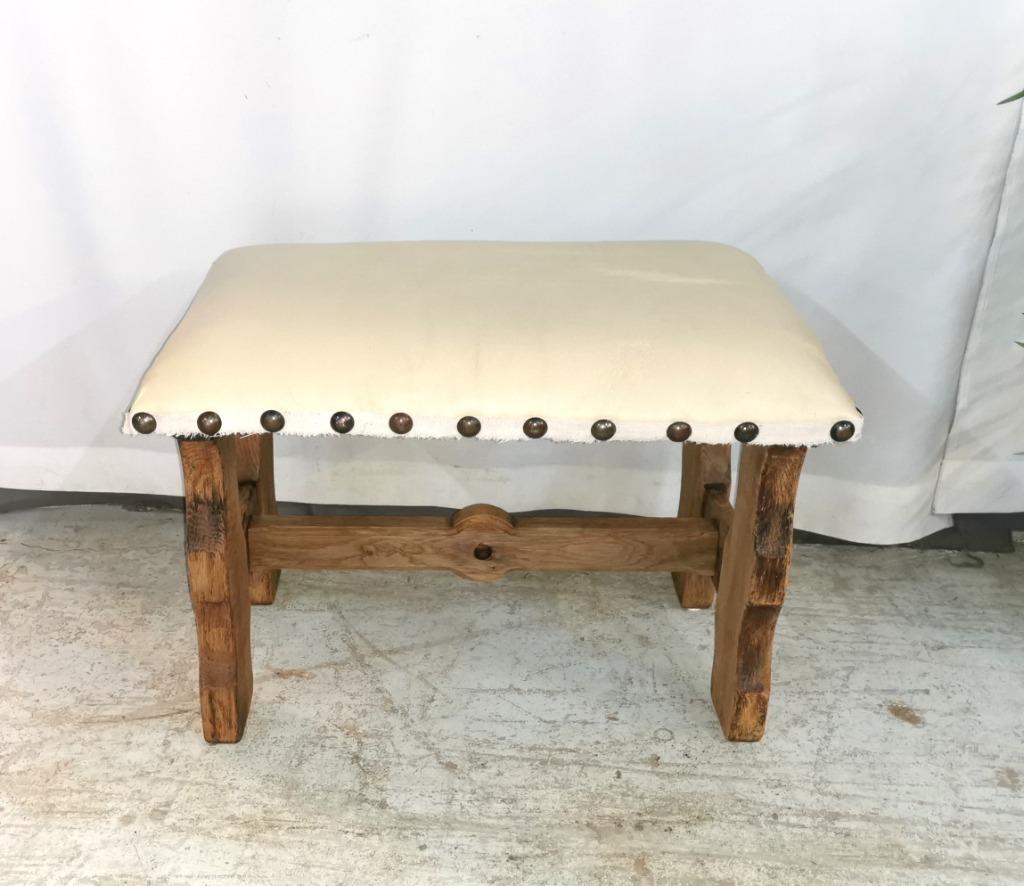 Banc de ferme ancien en chêne lessivé avec revêtement en cui, Antiquités & Art, Enlèvement