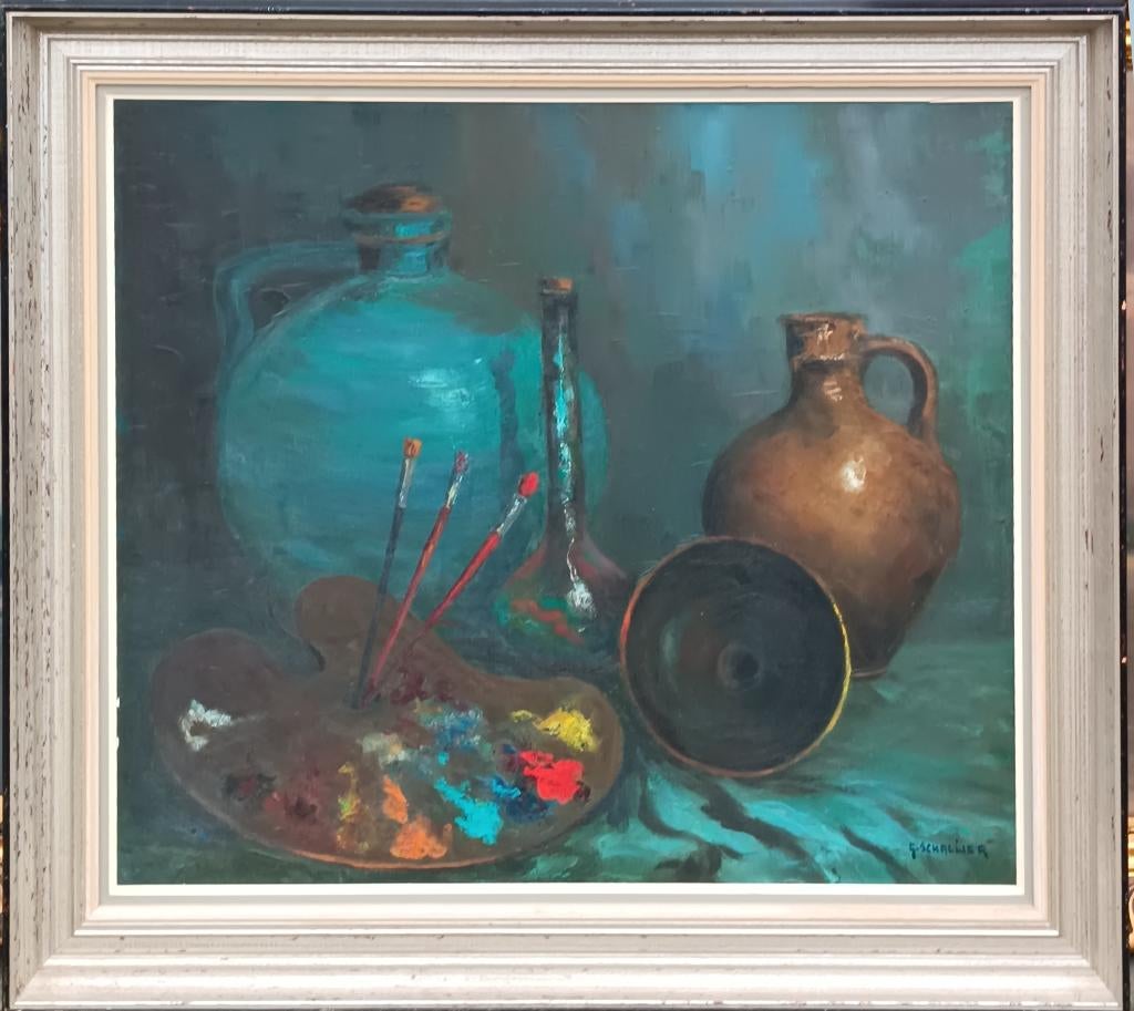 G. Schallier: Stilleven met schilderspalet (O/D, 97 x 87 cm), Ophalen of Verzenden