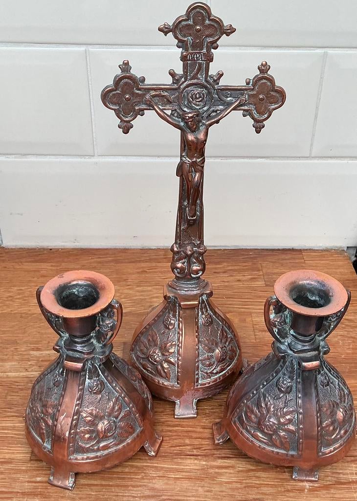 Antieke 3-delige Altaarset – Jean-Moïse Paquot (Luik). Koper, Antiek en Kunst, Antiek | Religieuze voorwerpen, Ophalen of Verzenden