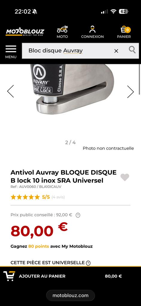 Bloc disque auvray avec alarme, Vélos & Vélomoteurs, Casques de cyclomoteur, Comme neuf, Enlèvement