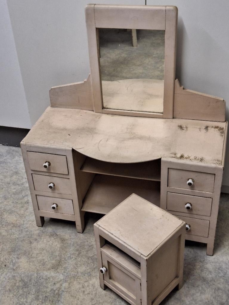 oud beige houten kaptafel met nachtkastje, jaren 30, Enlèvement ou Envoi