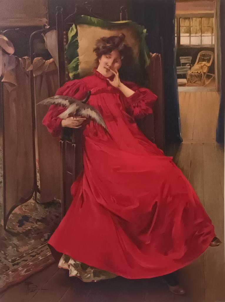 Fernand Toussaint (1873-1956) - Femme en rouge LITHO, Antiek en Kunst, Ophalen of Verzenden