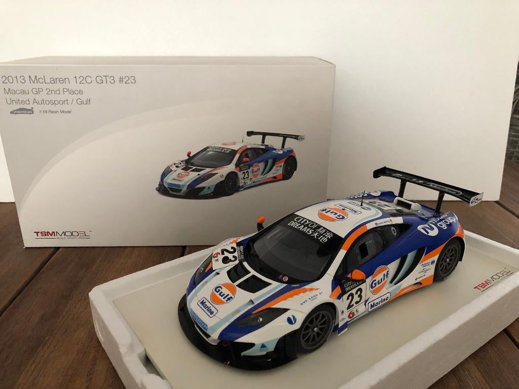 TSM McLaren 12C GT3 #23 Gulf 2nd Place Macau GP 2013, Hobby en Vrije tijd, Modelauto's | 1:18, Zo goed als nieuw, Auto, Overige merken