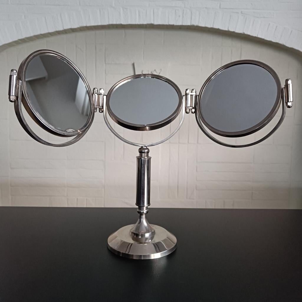 Vintage Franse kap/make up spiegel matte chrome., Ophalen of Verzenden