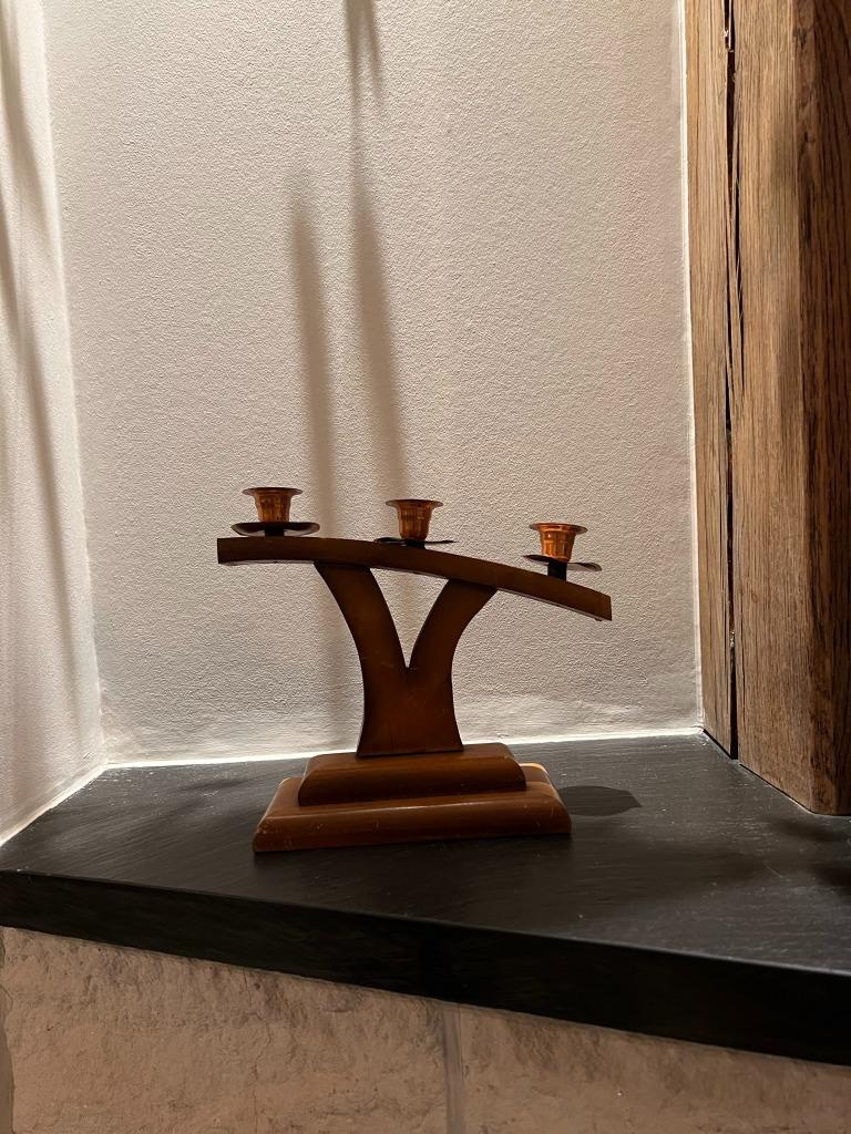 Vintage houten kandelaar, 3 kaarsen, Huis en Inrichting, Bruin, Ophalen of Verzenden, Zo goed als nieuw, Hout