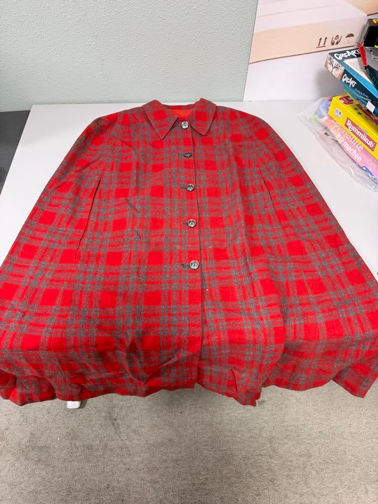 Vintage rode wollen mantel jas cape poncho met ruit L 100cm, Ophalen of Verzenden, Zo goed als nieuw