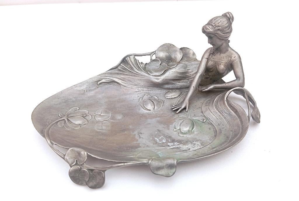 Art Nouveau tin tafelstuk schaal beeld, Antiek en Kunst, Antiek | Tin, Ophalen of Verzenden