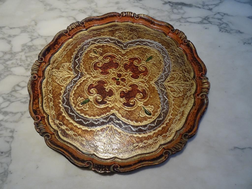 Plateau florentin en bois or, vert et orange, années1970, Maison & Meubles, Enlèvement ou Envoi, Comme neuf, Rond, Bois