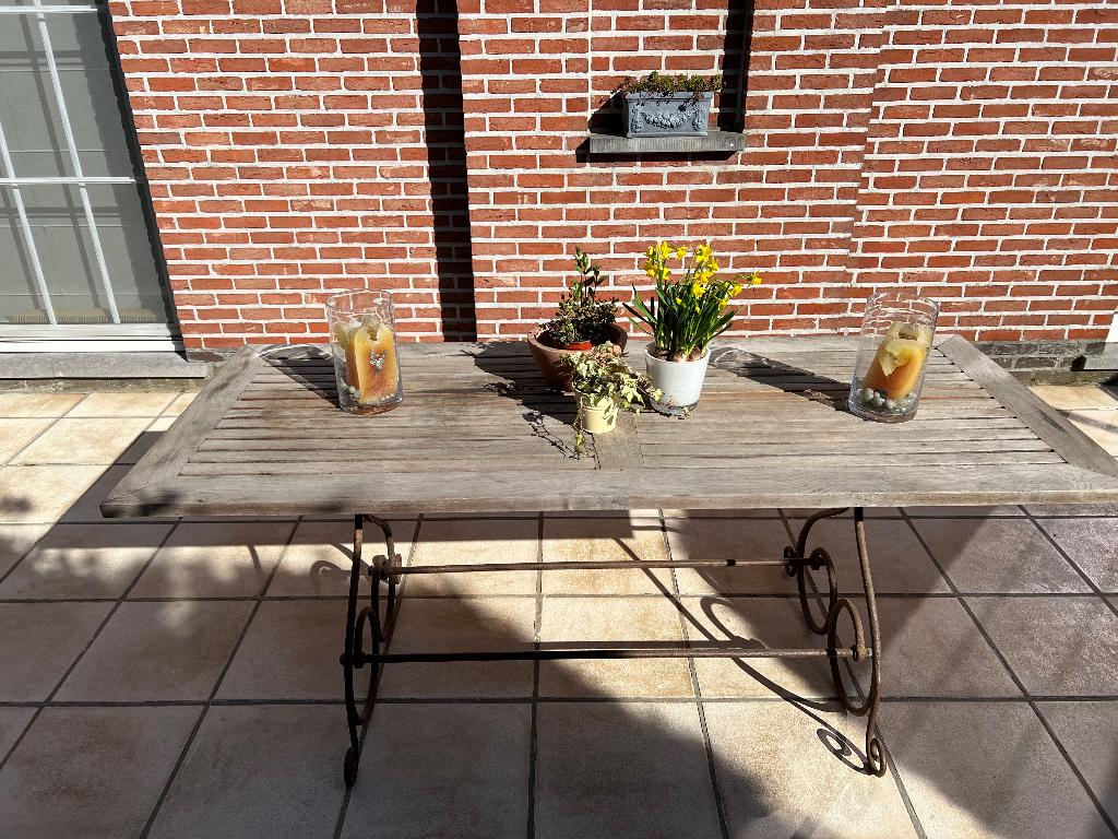 Tuintafel Teak en smeedwerk, Tuin en Terras, Tuintafels, Ophalen, Gebruikt, Rechthoekig, Teakhout