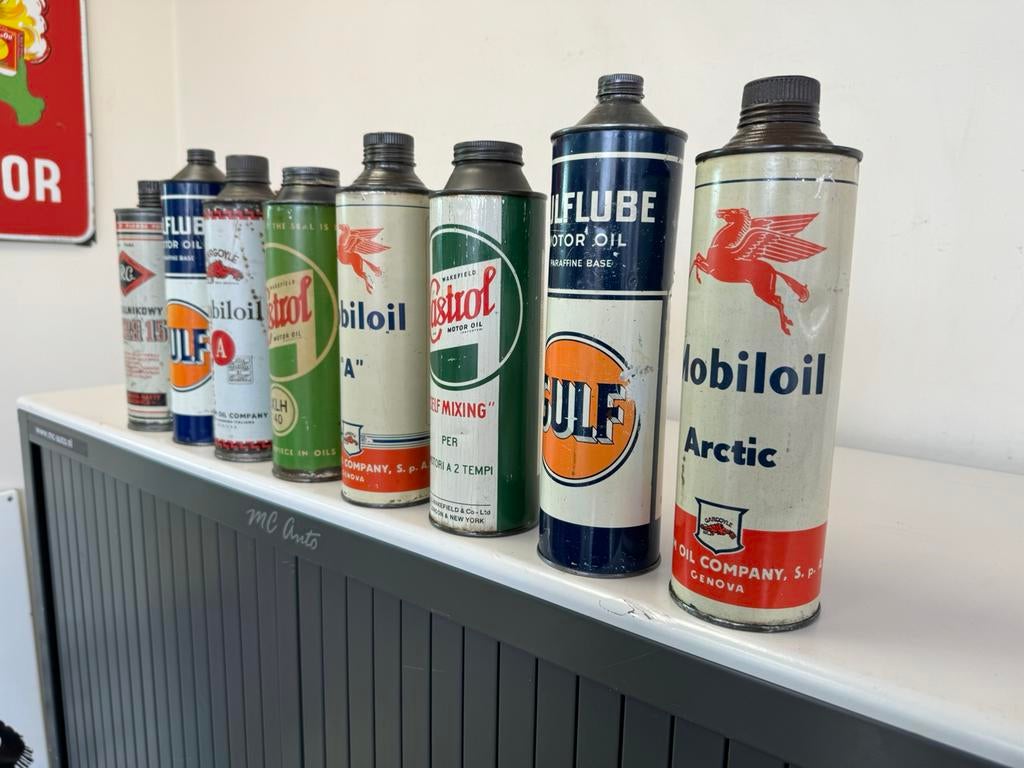 Divers bidons d'huile Gulf/Mobiloil/Castrol, Collections, Enlèvement ou Envoi, Utilisé, Emballage