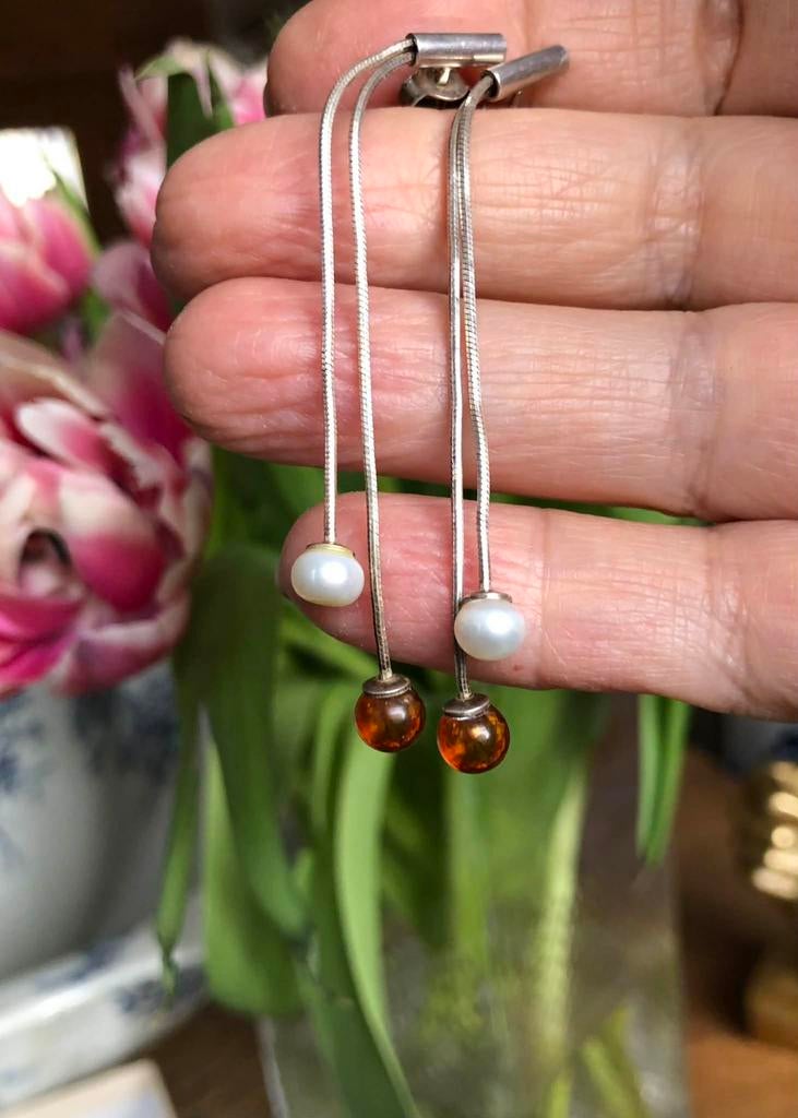 Boucles d’oreilles en argent avec ambre et perles, Bijoux, Sacs & Beauté, Boucles d'oreilles, Enlèvement ou Envoi, Comme neuf