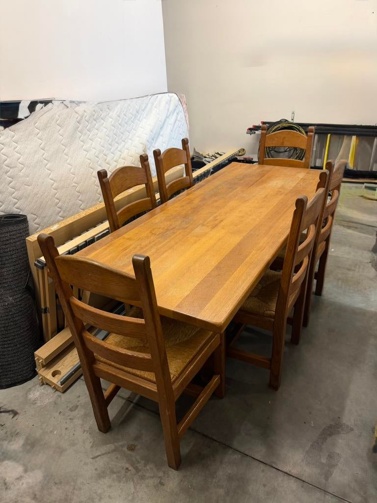 Massieve eiken tafel + 6 stoelen – stevige landelijke set, Huis en Inrichting, Complete eetkamers, Ophalen, Gebruikt, Landelijk
