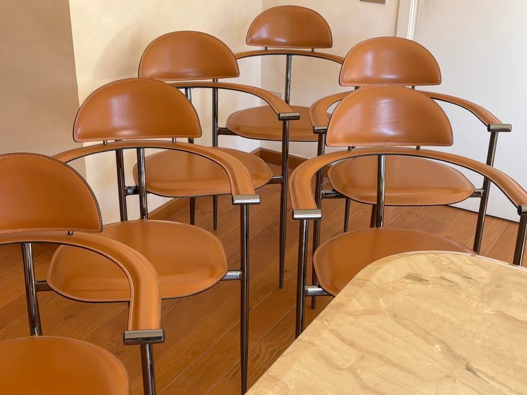 Set 6 stoelen vintage Italiaans design Arrben cognac leer, Maison & Meubles, Chaises, Vintage '80s, Brun, Enlèvement, Utilisé
