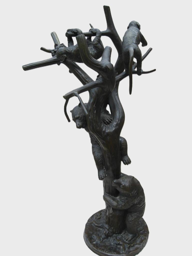 Bronzen animalier Fratin:"bear cubs hunting monkeys" 117cm., Enlèvement, Bronze