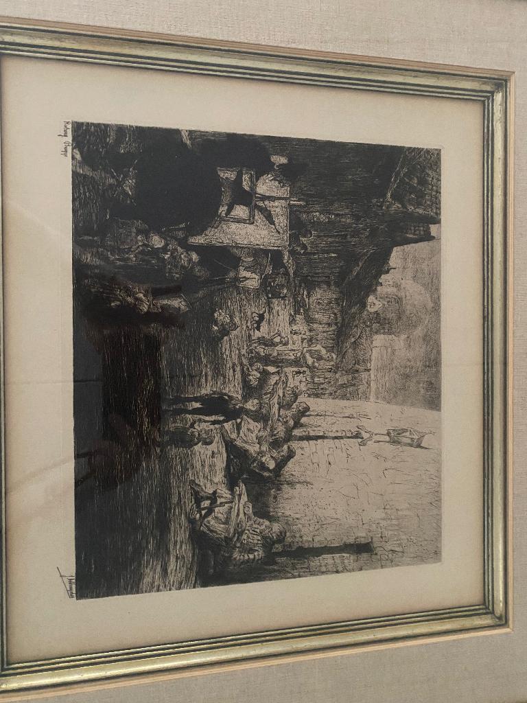 Jules De Bruycker ets Rolweg Brugge, Antiek en Kunst, Kunst | Etsen en Gravures, Ophalen, Dagelijks leven, Ingelijst, Ets