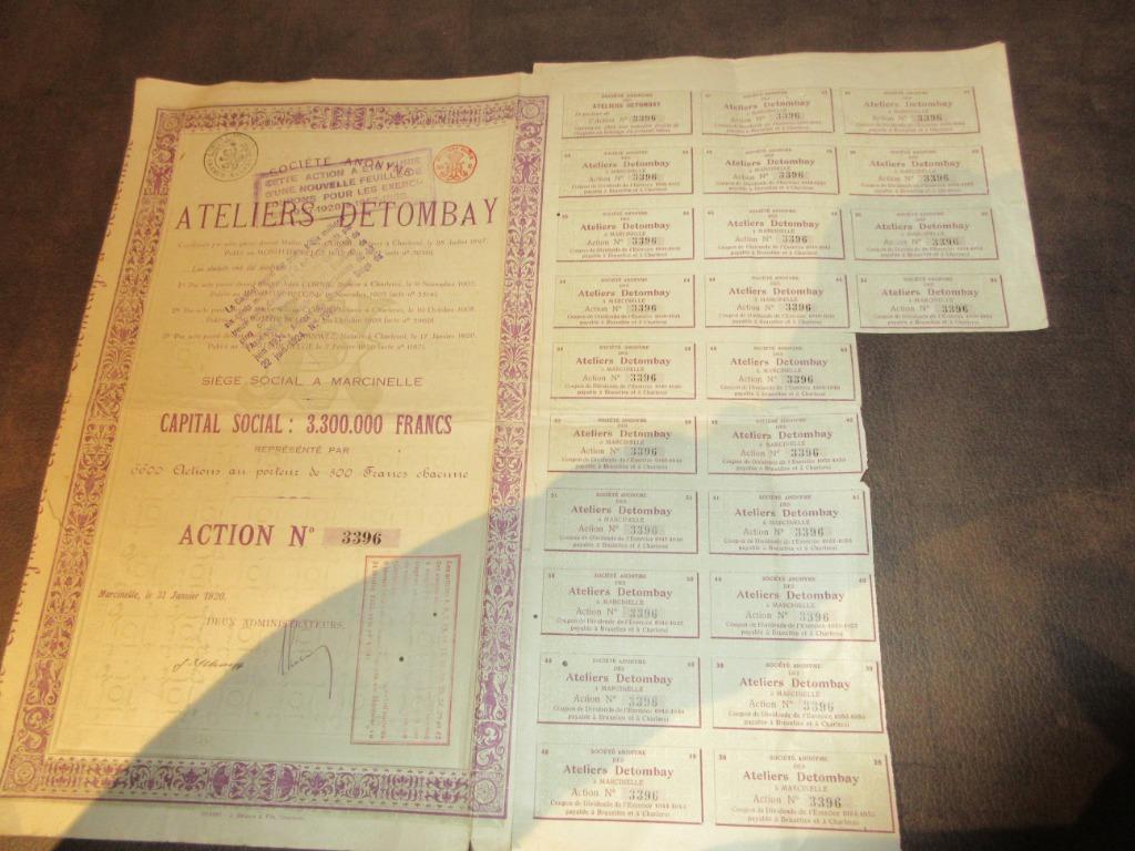 Certificaat aan toonder action au porteur ATELIERS DETOMBAY, Ophalen