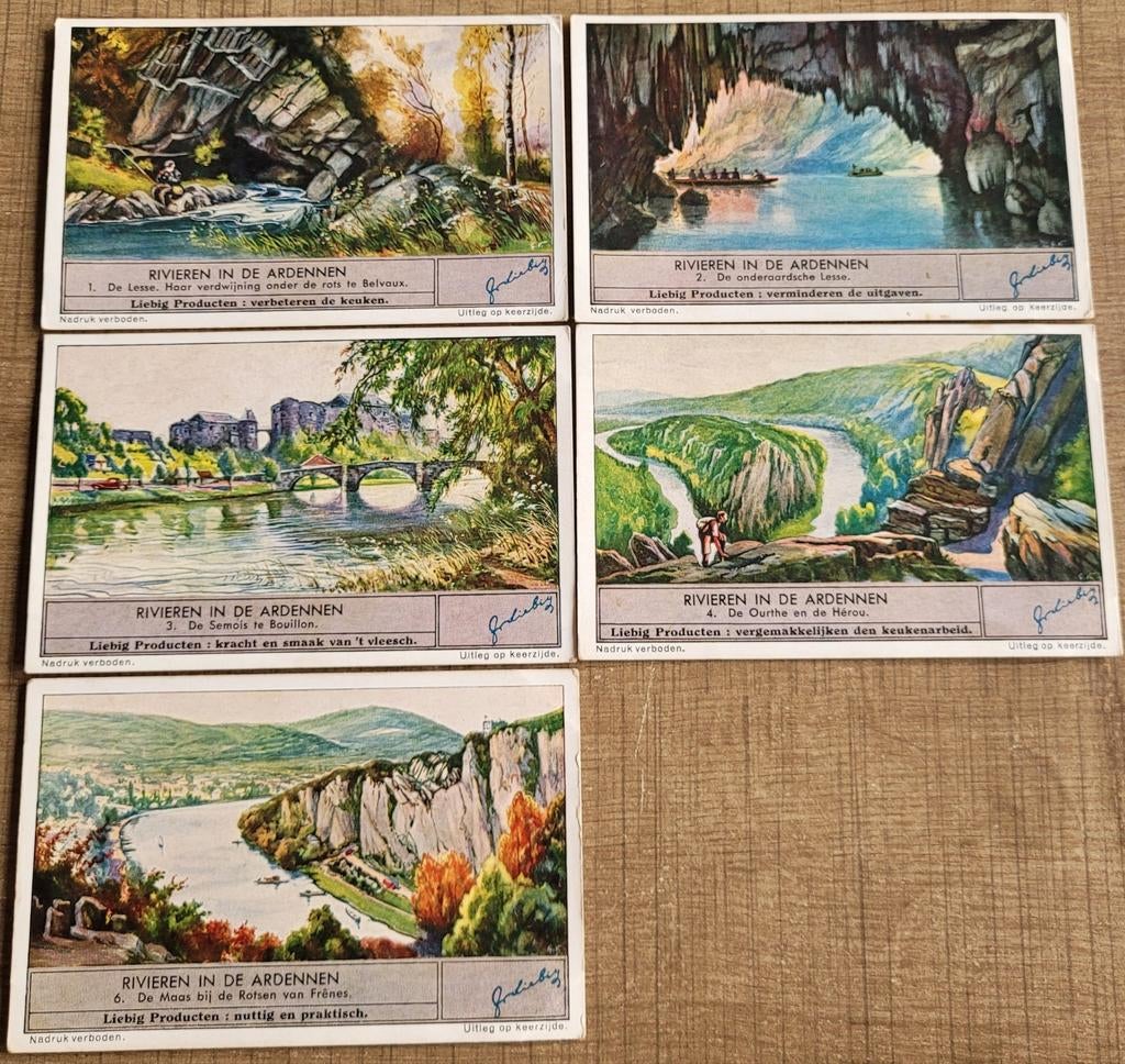 5 oude Liebig prenten: Rivieren in de Ardennen, Ophalen of Verzenden, Gebruikt, Natuur, Prent