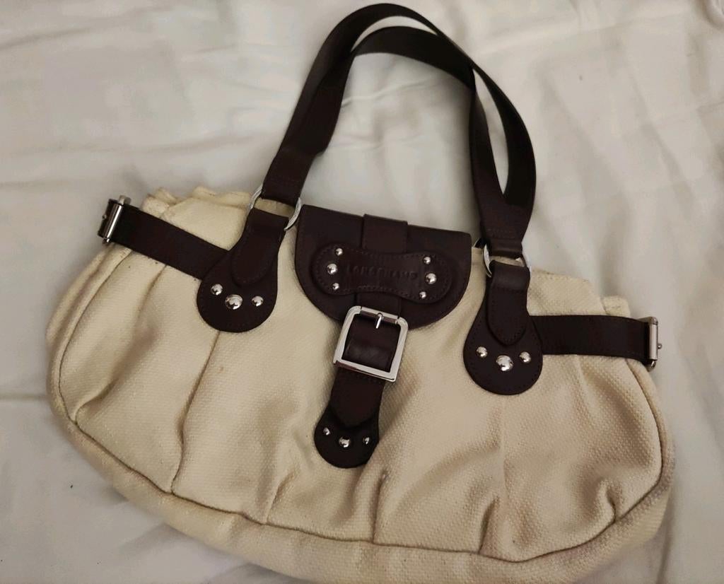 LONGCHAMPS - Sac blanc écru à bretelles en cuir marron, Enlèvement ou Envoi, Comme neuf