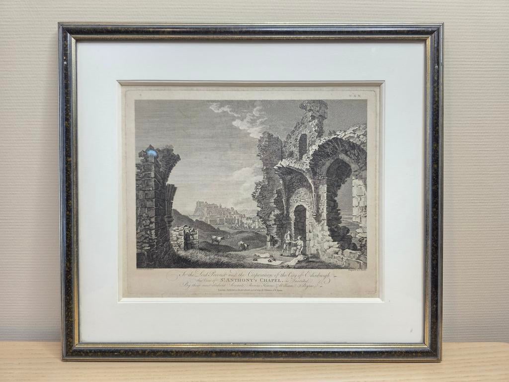 ​Antieke gravure (1779) - St. Anthony’s Chapel Edinburg, Ophalen, Gravure, Ingelijst, 1700 - 1799